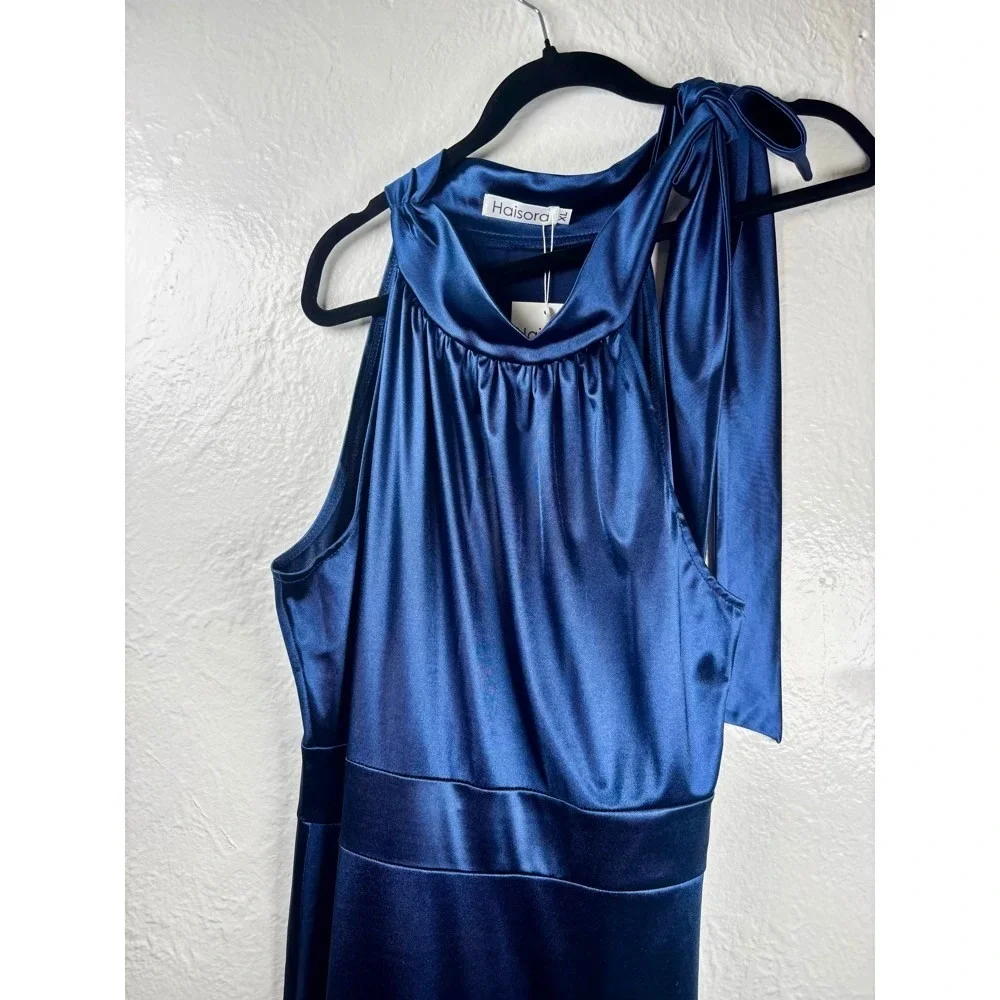 NWT Haisora Blue Satin Halter Neck Maxi Dress‎ Bow Tie Detail Sz XL Prom Formal
